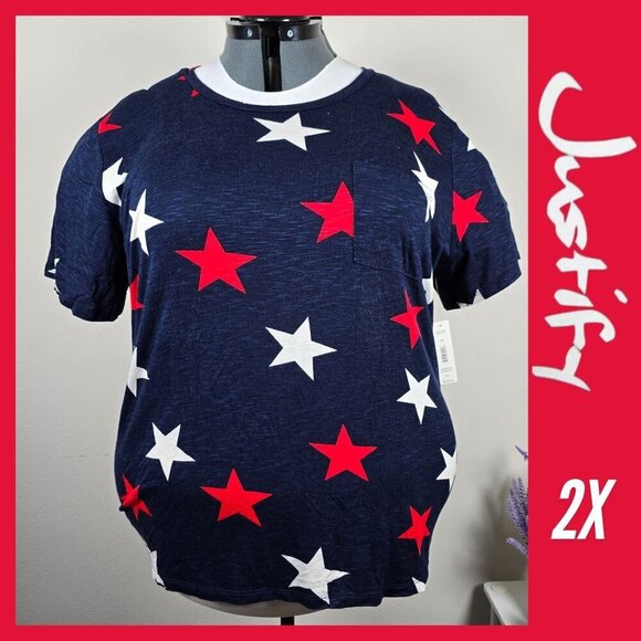 2/$15 Patriotic Stars Crew Tee in Navy, Red, and White Size 2X - Picture 1 of 6